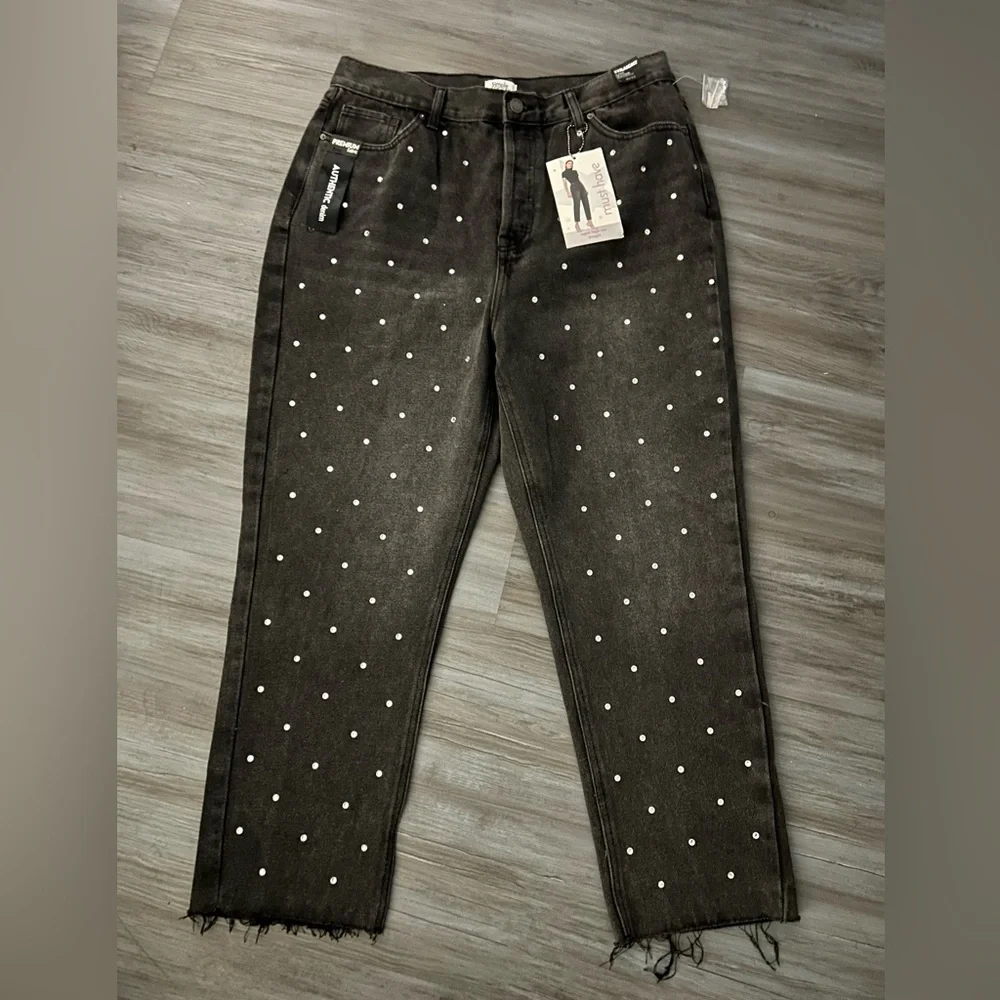 Simple Society Women Jeans Black Denim Rhinestone Polka Dot‎ High Rise Size 32
